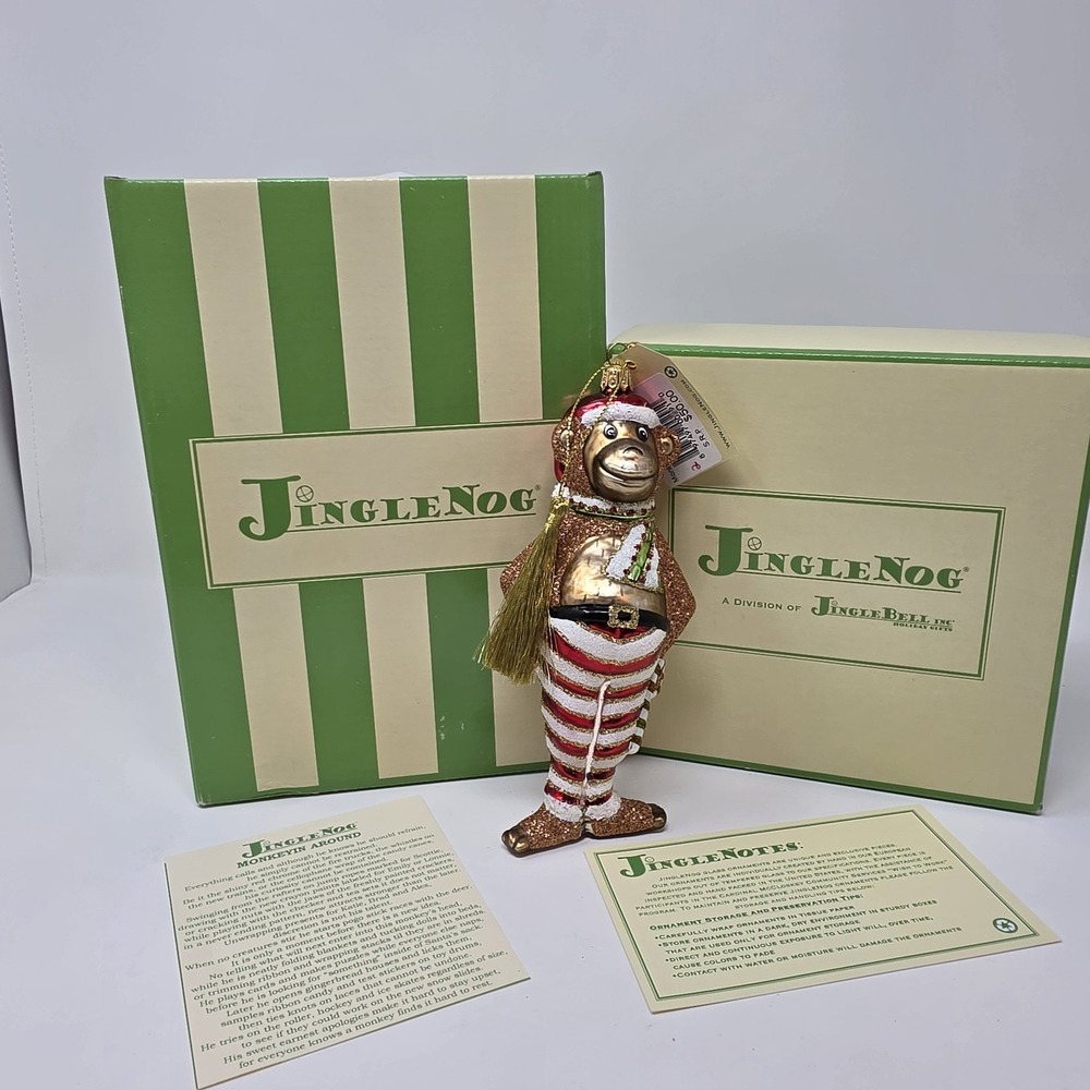 JingleNog Monkeyin Around White Ornament #80076 Hand Blown & Painted in Poland